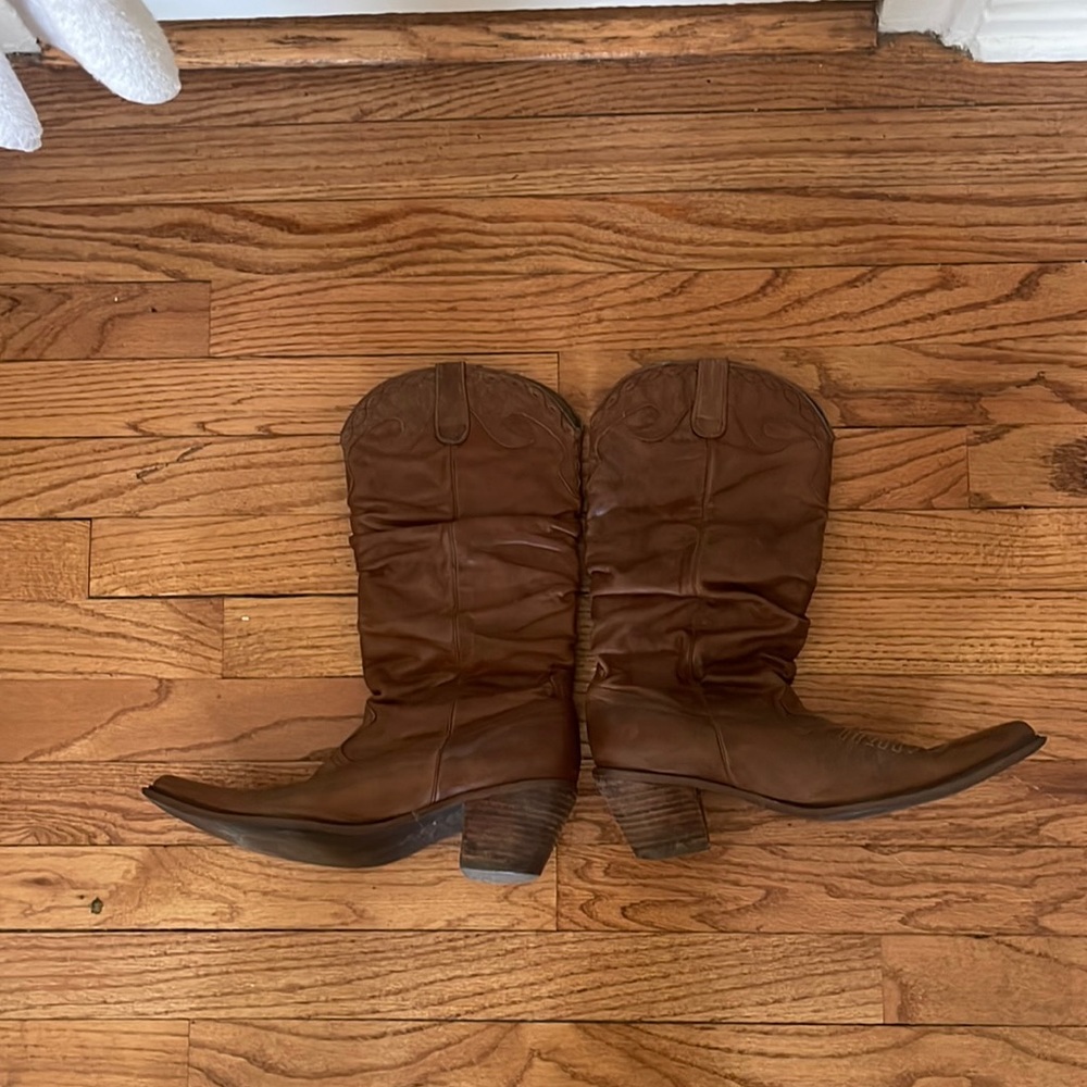 Brown leather cowboy boots